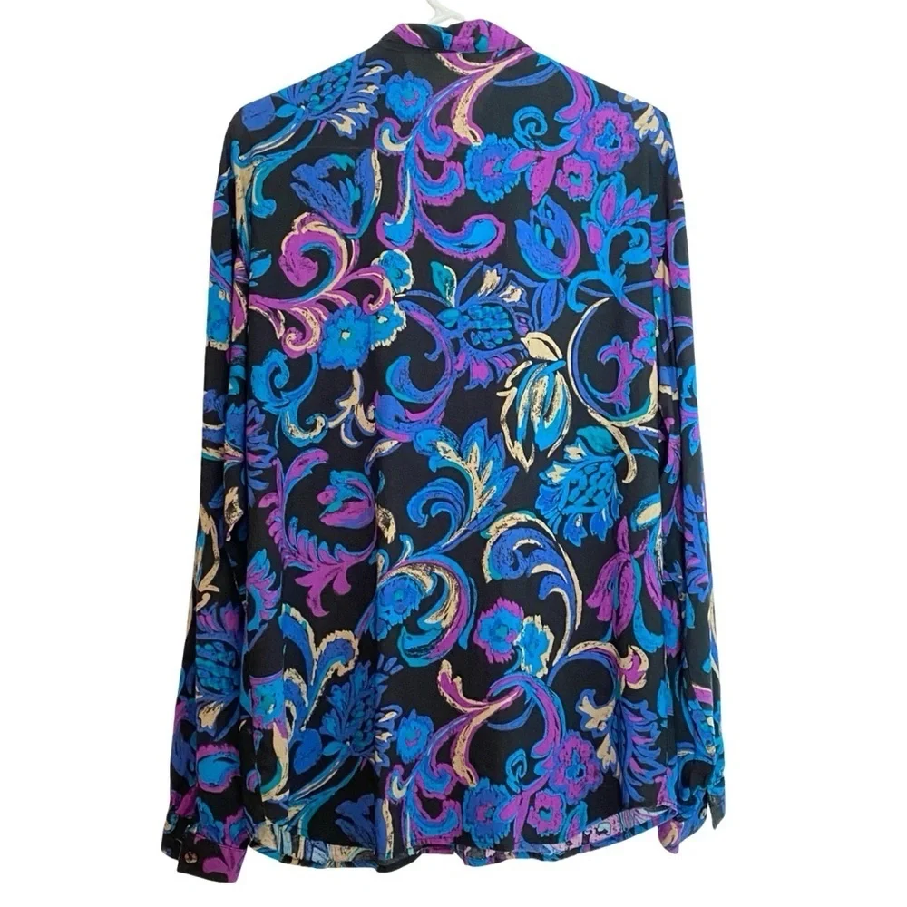 Vintage 80s 90s Button Down Shirt Blouse Womens Size 12 Large Floral Tunic Black